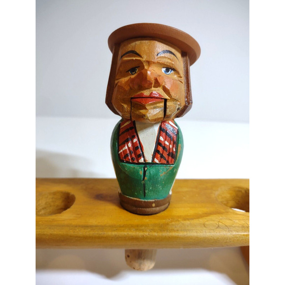 ANRI Mechanical Head Man Bottle Stopper Wood Hand Carved Puppet Barware Cork - Picture 2 of 7
